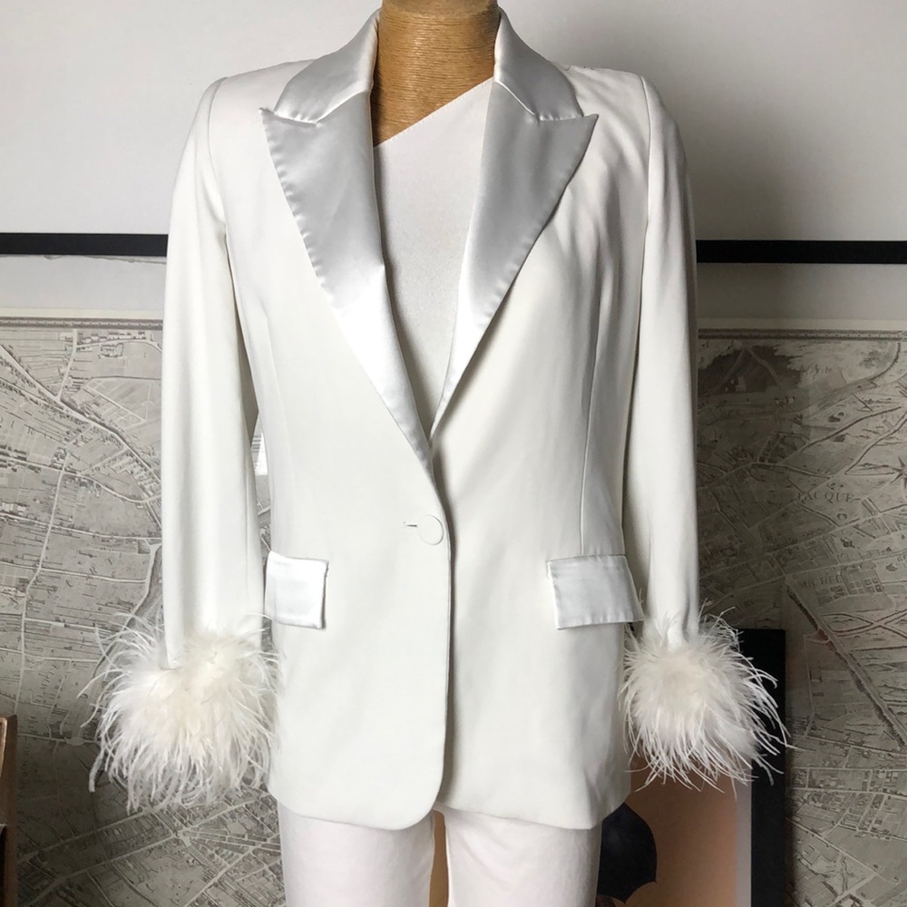 NADINE MERABI White Feather Cuff Satin Lapel Blazer